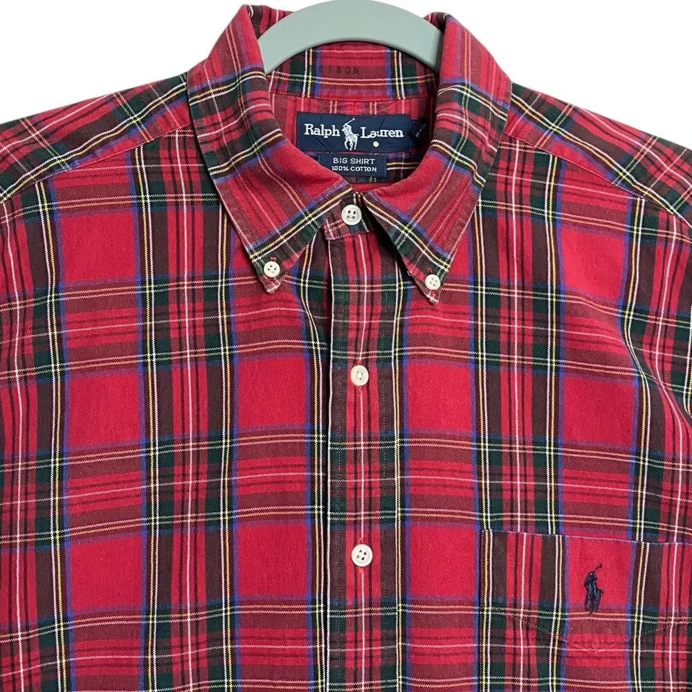 Vtg Polo Ralph Lauren Big Shirt Mens L Red Button Down Plaid Pony Preppy LS 90s